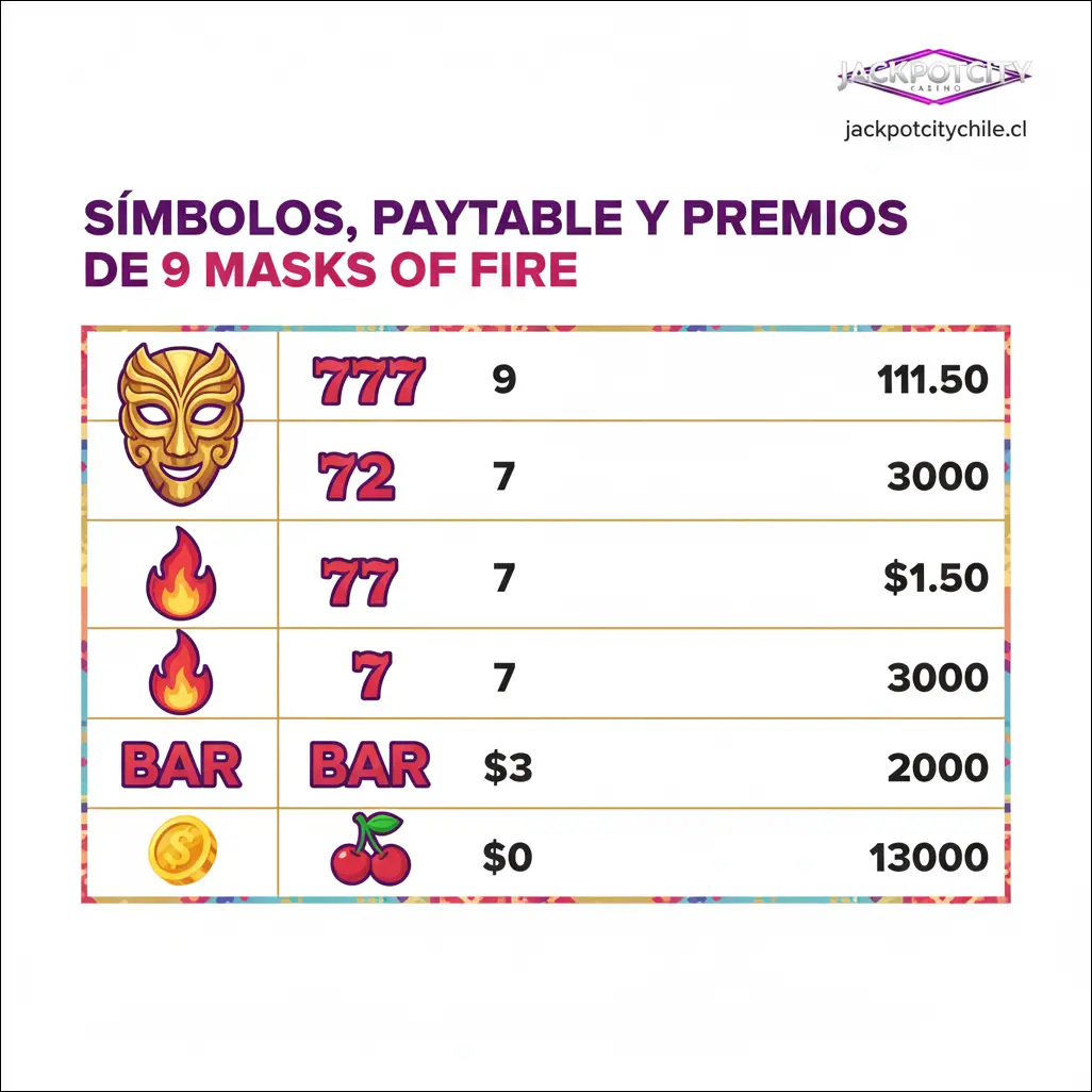 Símbolos, paytable y premios de 9 Masks of Fire